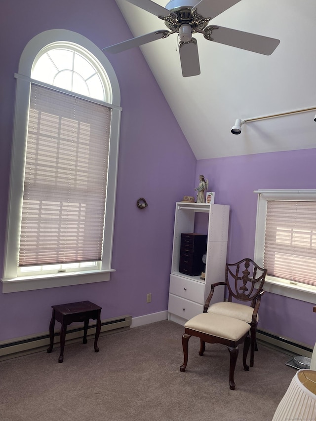 sitting room featuring a baseboard heating unit, plenty of natural light, and carpet floors