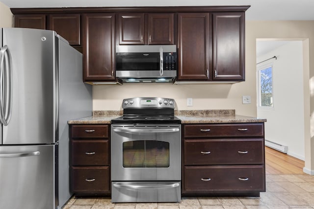 kitchen featuring stainless steel appliances, baseboards, dark brown cabinetry, and baseboard heating