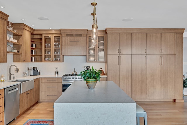 kitchen with light wood finished floors, appliances with stainless steel finishes, open shelves, and a sink