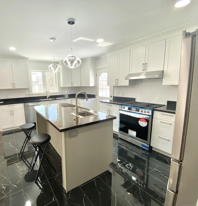 kitchen featuring a sink, stainless steel appliances, marble finish floor, and under cabinet range hood