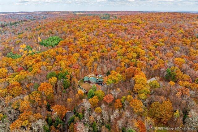 aerial view featuring a wooded view