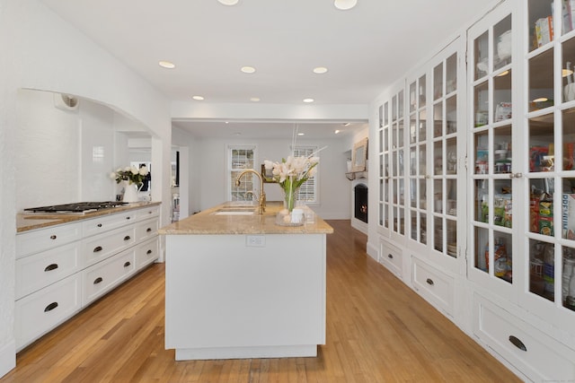 interior space with a warm lit fireplace, a sink, and light wood-style flooring