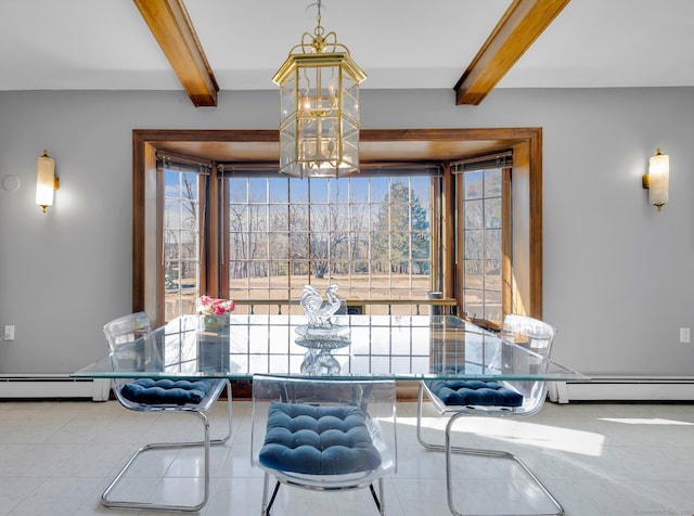 dining room with a baseboard radiator, beam ceiling, and an inviting chandelier