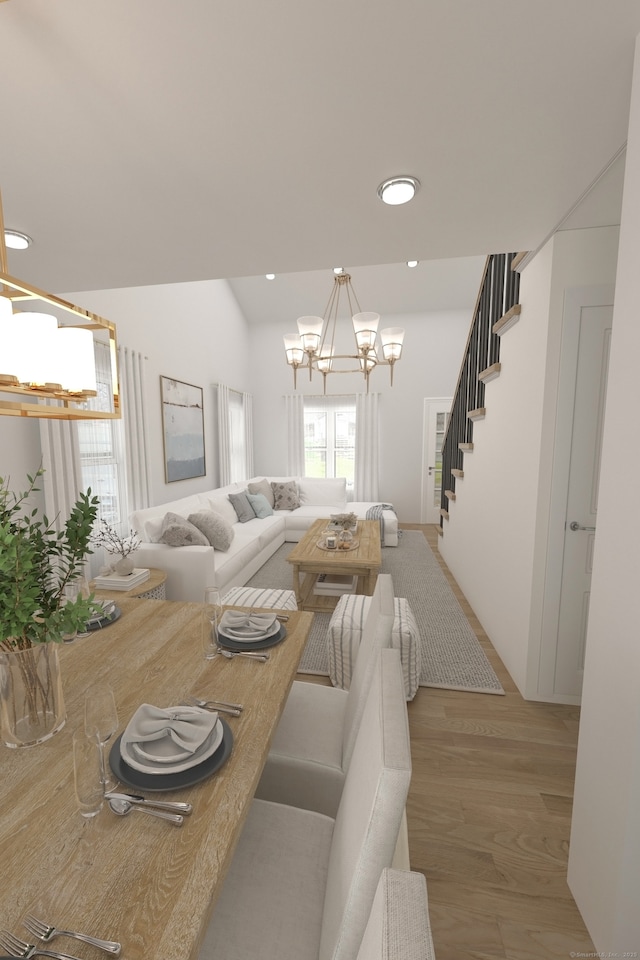 dining room featuring wood finished floors, recessed lighting, stairway, vaulted ceiling, and a notable chandelier