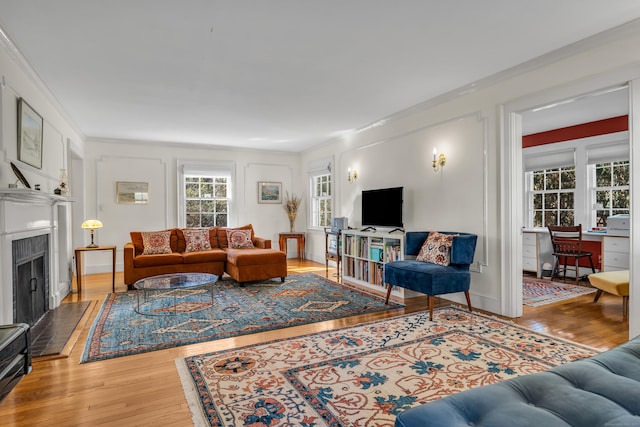 living room featuring a fireplace with flush hearth, wood finished floors, and ornamental molding