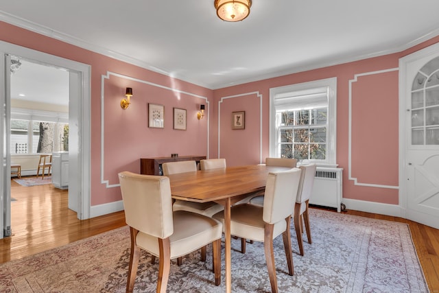 dining room with light wood-style floors, radiator, crown molding, baseboards, and baseboard heating