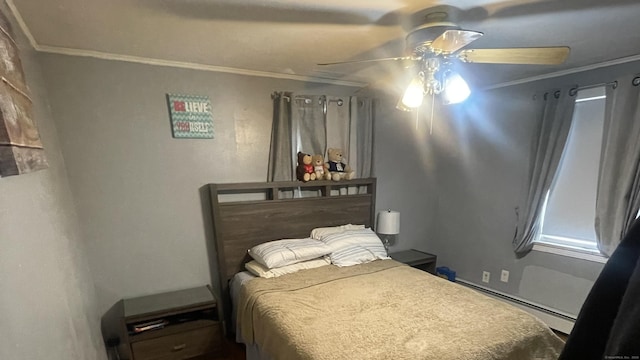 bedroom featuring a baseboard heating unit, ceiling fan, and ornamental molding