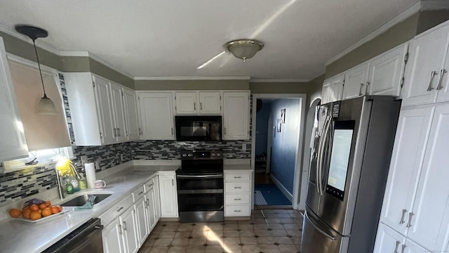 kitchen with range with electric cooktop, dishwashing machine, light countertops, smart refrigerator, and black microwave