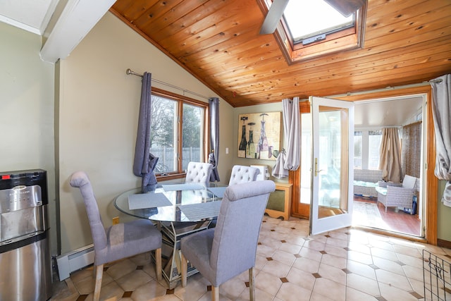 dining space featuring baseboard heating, wood ceiling, and lofted ceiling with skylight