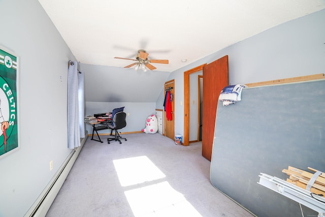 interior space featuring carpet floors, a baseboard radiator, a ceiling fan, and lofted ceiling