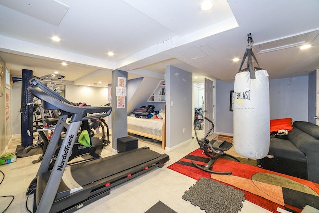 exercise area with recessed lighting and baseboards