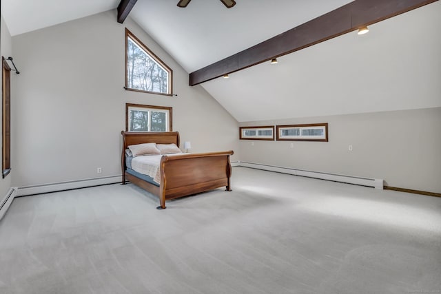 bedroom featuring high vaulted ceiling, a baseboard heating unit, light carpet, baseboards, and beam ceiling