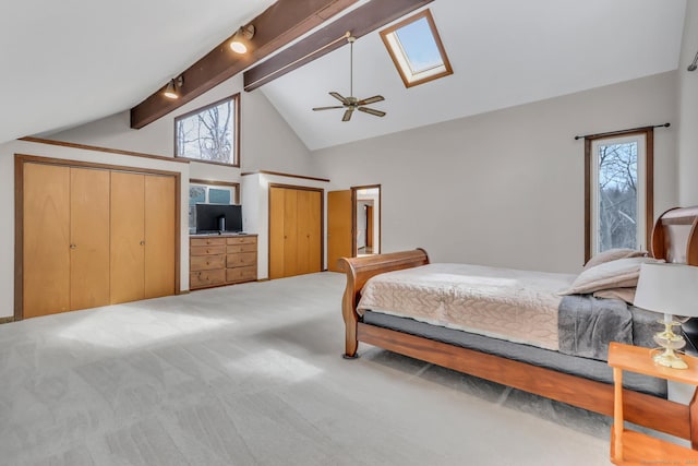 carpeted bedroom featuring multiple windows, beamed ceiling, a skylight, and two closets