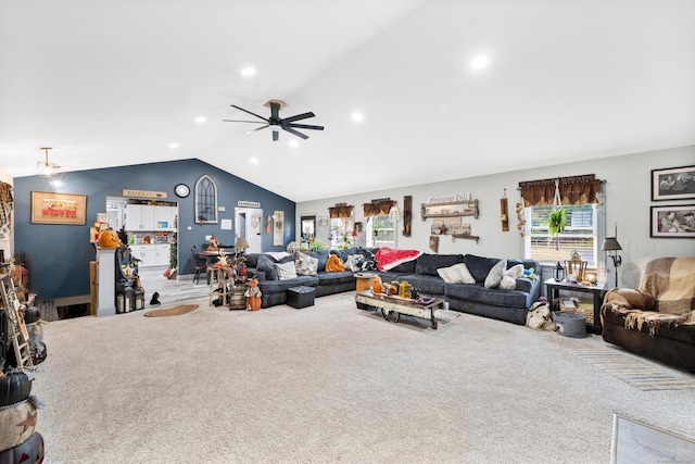 carpeted living room with vaulted ceiling, ceiling fan, and recessed lighting