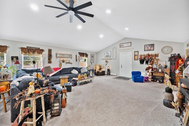 living area featuring carpet floors, vaulted ceiling, a ceiling fan, and recessed lighting