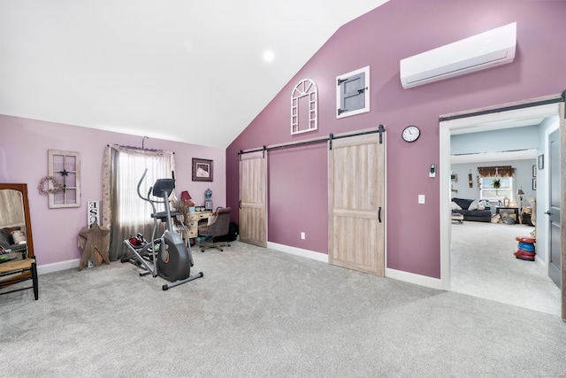 workout room with carpet floors, a barn door, a wall mounted AC, high vaulted ceiling, and baseboards