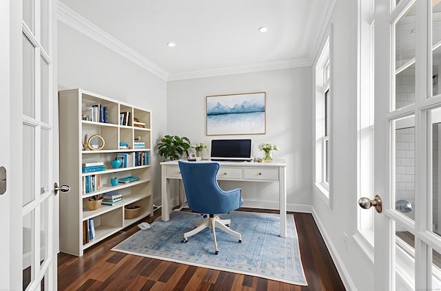 430 Edward St, Fairfield, CT 06824 - office with dark wood finished floors, ornamental molding, plenty of natural light, baseboards, and recessed lighting