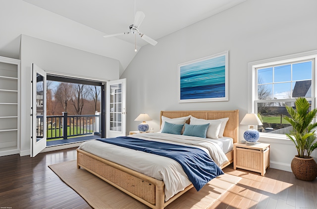430 Edward St, Fairfield, CT 06824 - bedroom with access to exterior, multiple windows, lofted ceiling, hardwood / wood-style flooring, and a ceiling fan
