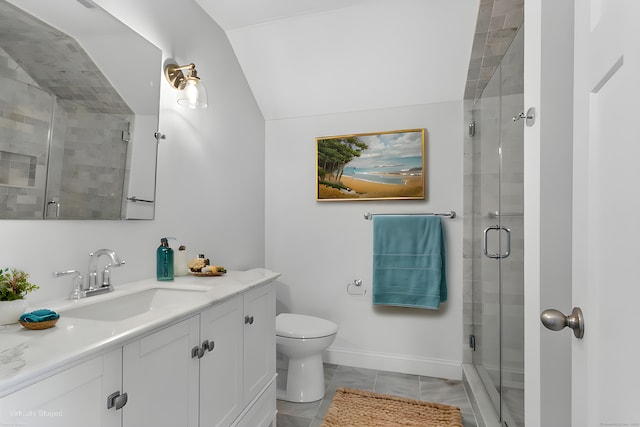 430 Edward St, Fairfield, CT 06824 - bathroom with a shower stall, vaulted ceiling, toilet, vanity, and baseboards