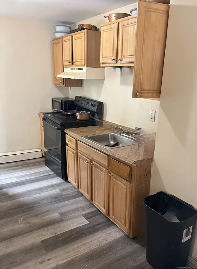 kitchen featuring a baseboard radiator, under cabinet range hood, a sink, dark wood-style floors, and black appliances