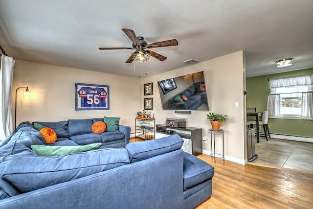 living room with ceiling fan, wood finished floors, visible vents, baseboards, and baseboard heating