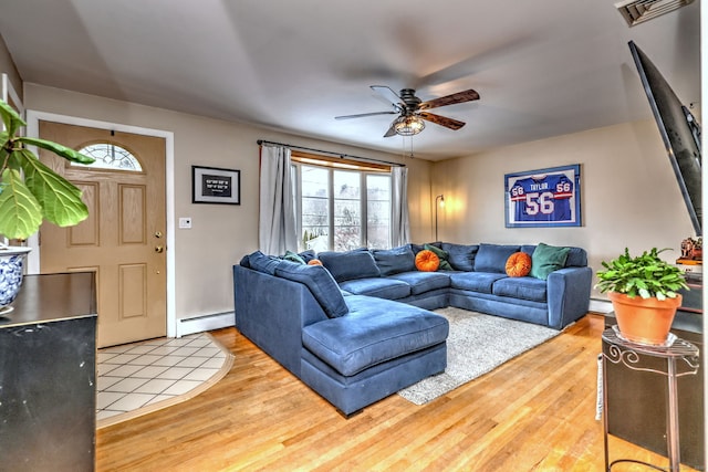 living room with ceiling fan, a baseboard radiator, a baseboard heating unit, wood finished floors, and visible vents