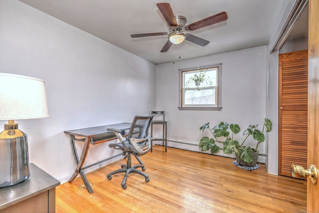 office featuring ceiling fan, a baseboard radiator, and light wood-style flooring