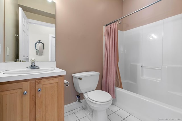 bathroom with shower / tub combo, tile patterned flooring, vanity, and toilet