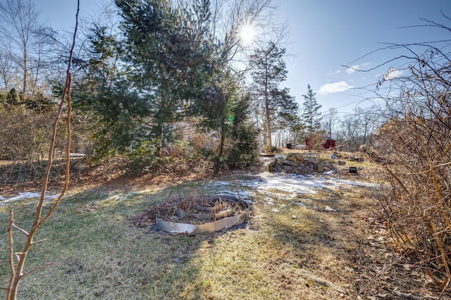 view of yard with a fire pit