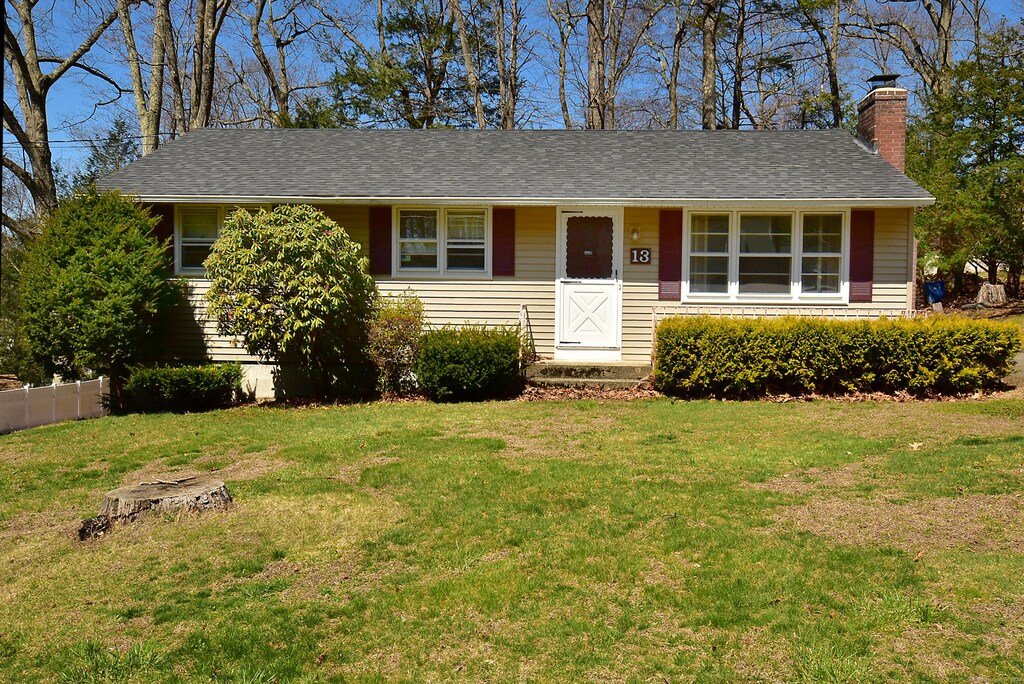 13 Denison Rd, Somers, CT 06071 - ranch-style home featuring fence, a front yard, a chimney, and a shingled roof