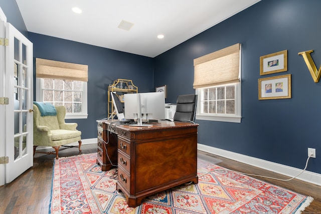 office area featuring french doors, recessed lighting, wood finished floors, and baseboards