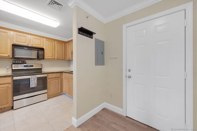 kitchen with crown molding, dark countertops, black microwave, electric panel, and stainless steel electric range