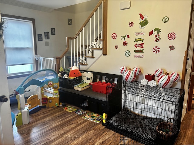 interior space featuring wood finished floors and crown molding