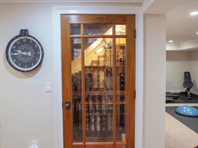 wine room with recessed lighting