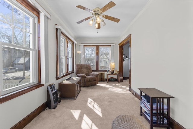 living area featuring light colored carpet, a ceiling fan, baseboards, radiator, and crown molding