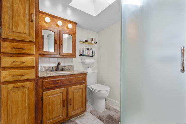 full bath with toilet, a shower with shower door, tile patterned flooring, and vanity