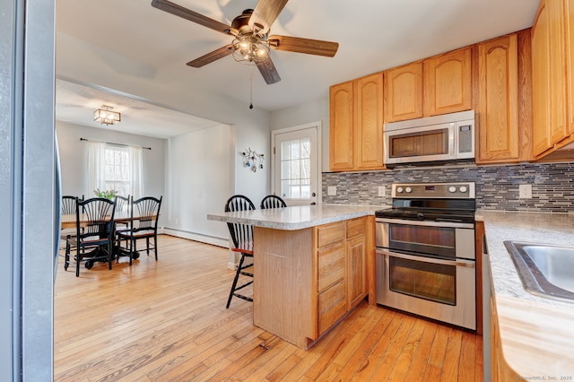 kitchen with decorative backsplash, light wood-style flooring, a peninsula, and stainless steel appliances