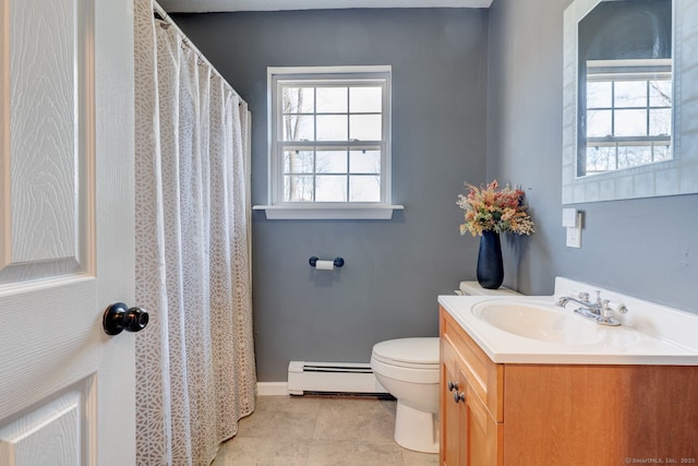 full bathroom featuring vanity, a baseboard radiator, curtained shower, tile patterned floors, and toilet