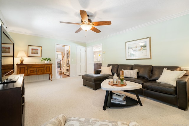 living room featuring carpet, stairs, a ceiling fan, and crown molding