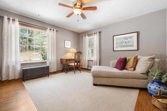 living area featuring a ceiling fan and wood finished floors