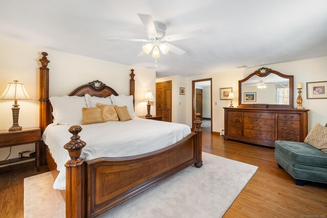 bedroom with ceiling fan and wood finished floors