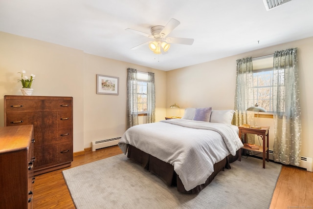 bedroom featuring light wood finished floors, visible vents, a baseboard heating unit, and ceiling fan