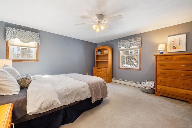 bedroom with ceiling fan, a baseboard heating unit, and light colored carpet