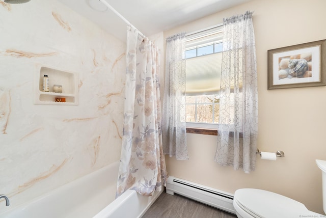 full bathroom featuring shower / bath combination with curtain, a baseboard radiator, and toilet