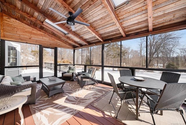 sunroom / solarium featuring lofted ceiling with skylight, wooden ceiling, and a ceiling fan