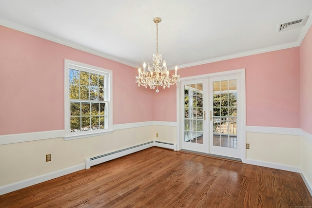 unfurnished dining area featuring a baseboard radiator, visible vents, wood finished floors, and ornamental molding