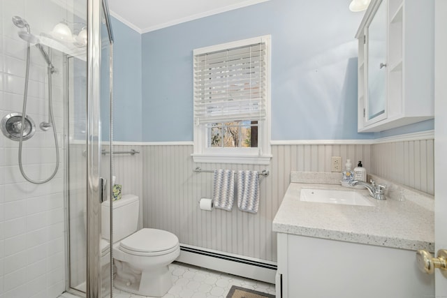 full bathroom featuring a wainscoted wall, baseboard heating, and a stall shower