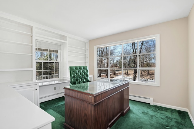 unfurnished office featuring plenty of natural light, dark carpet, and a baseboard radiator