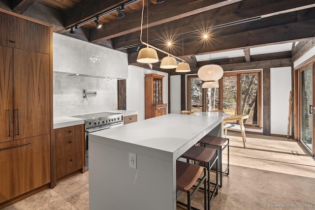 kitchen with decorative backsplash, a kitchen island, high end stainless steel range oven, light countertops, and a kitchen bar