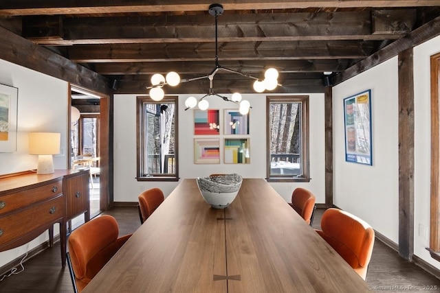 dining area featuring beam ceiling, baseboards, and wood finished floors